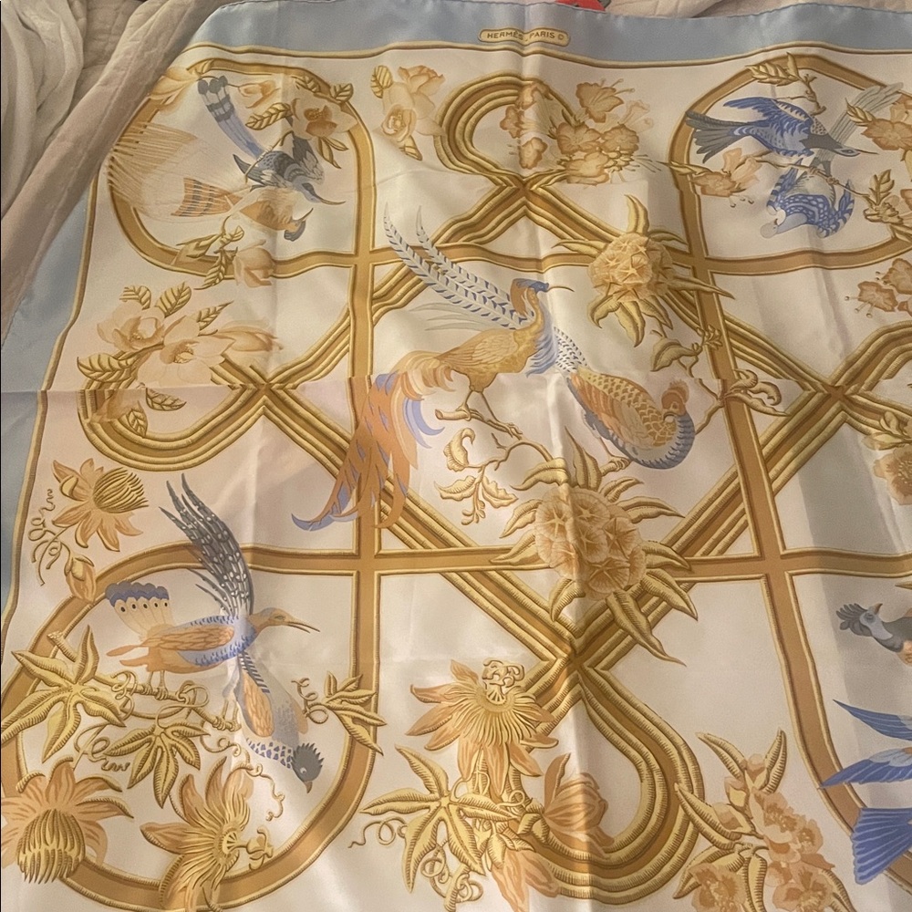 Hermes Silk Scarf in Cream, Gold and Light Blue - Picture 6 of 10